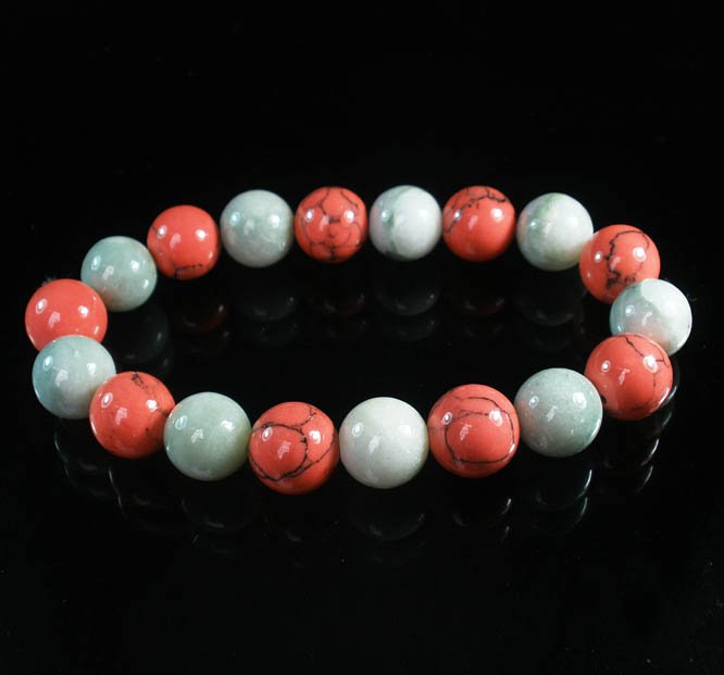 Women 7inch Polished Tibet & Nepal Stone Light Color Pink Veins Beads Bracelet WZ2174-10M