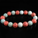 Women 7inch Polished Tibet & Nepal Stone Light Color Pink Veins Beads Bracelet WZ2174-10M