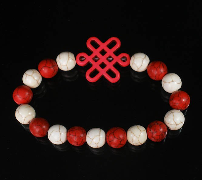 Charming Turquoise Colorful PINK Chinese Knot Bead WHITE RED Veins Beads Stretch Bracelet ZZ2682