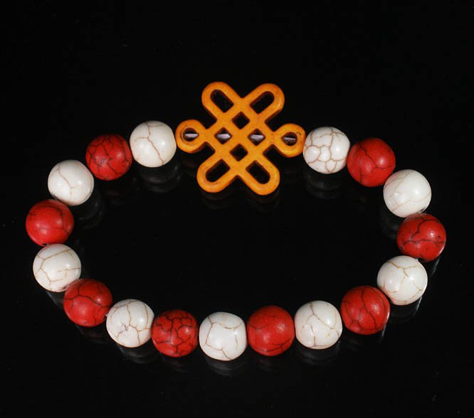 Charming Turquoise Colorful ORANGE Chinese Knot Bead WHITE RED Veins Beads Stretch Bracelet ZZ2685