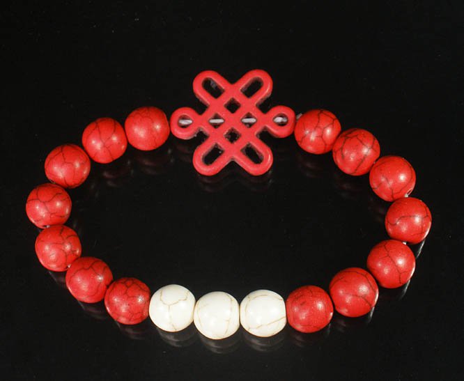 Charming Turquoise Colorful Chinese RED Knot Bead WHITE RED Veins Beads Stretch Bracelet ZZ2691