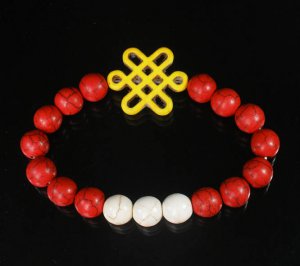 Charming Turquoise Chinese YELLOW Knot Bead WHITE RED Veins Beads Stretch Bracelet ZZ2697