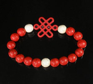 Charming Turquoise Colorful Chinese RED Knot Bead WHITE RED Veins Beads Stretch Bracelet ZZ2708