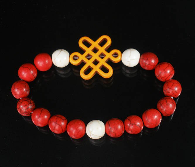 Charming Turquoise Colorful Chinese ORANGE Knot WHITE RED Veins Beads Stretch Bracelet ZZ2711