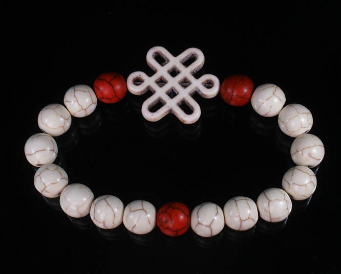 Charming Turquoise Colorful Chinese WHITE Knot Bead WHITE RED Veins Beads Stretch Bracelet ZZ2721