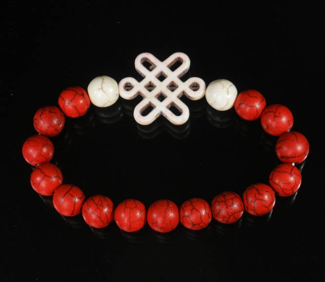 Charming Turquoise Colorful Chinese WHITE Knot Bead WHITE RED Veins Beads Stretch Bracelet ZZ2722