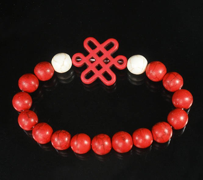 Charming Turquoise Colorful Chinese RED Knot Bead WHITE RED Veins Beads Stretch Bracelet ZZ2727