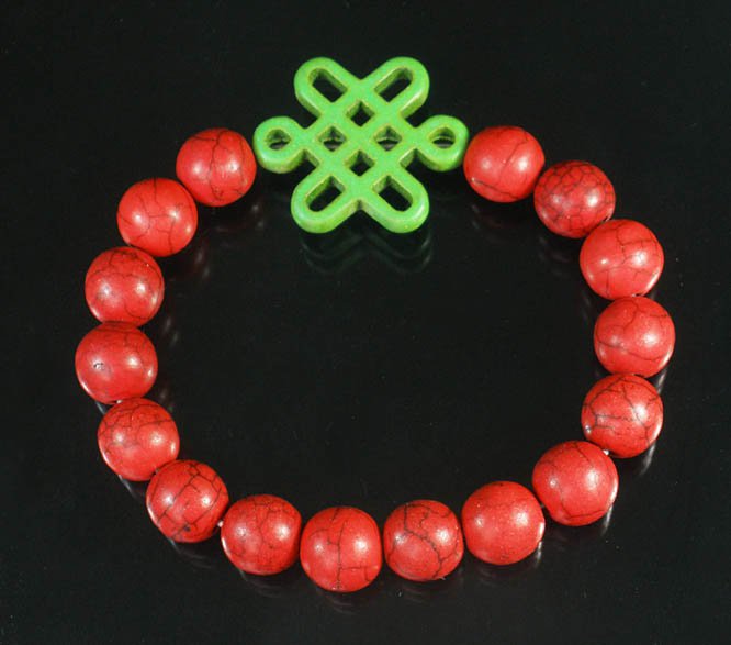 Charming Turquoise Colorful Chinese GREEN Knot Bead RED Veins Beads Stretch Bracelet ZZ2737