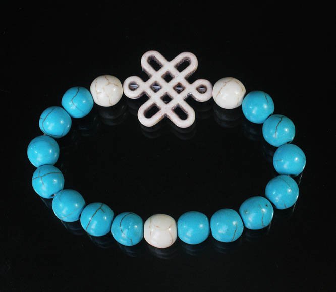 Charming Turquoise Colorful Chinese WHITE Knot Bead WHITE BLUE Veins Beads Stretch Bracelet ZZ2772