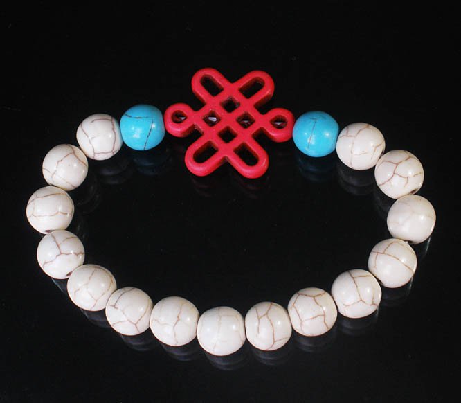 Charming Turquoise Colorful Chinese PINK Knot Bead WHITE BLUE Veins Beads Stretch Bracelet ZZ2778