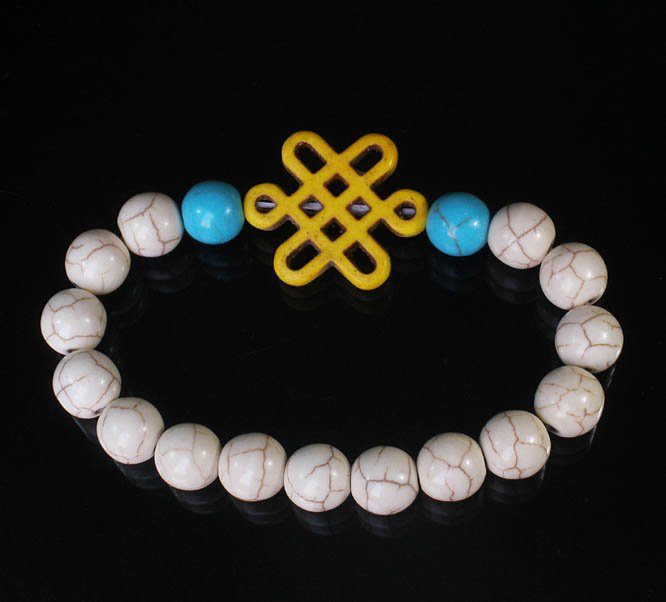 Charming Turquoise Colorful Chinese YELLOW Knot Bead WHITE BLUE Veins Beads Stretch Bracelet ZZ2779