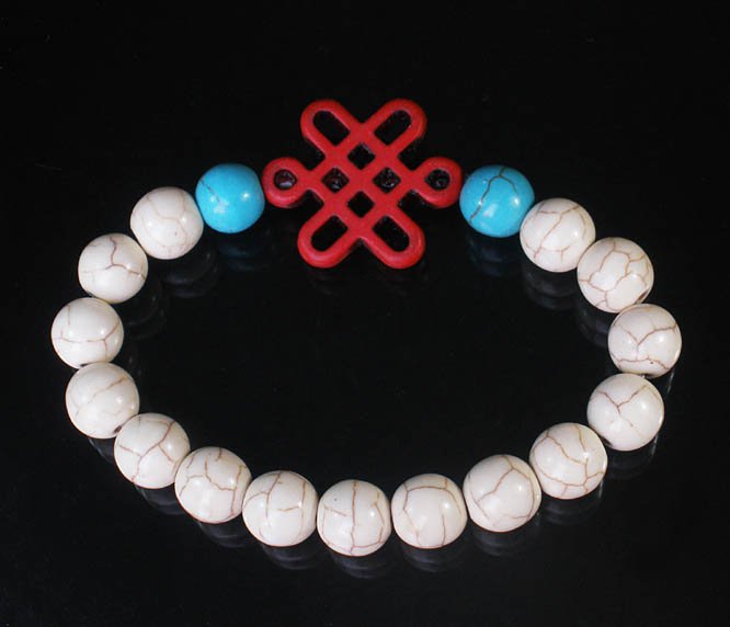 Charming Turquoise Colorful Chinese RED Knot Bead WHITE BLUE Veins Beads Stretch Bracelet ZZ2781