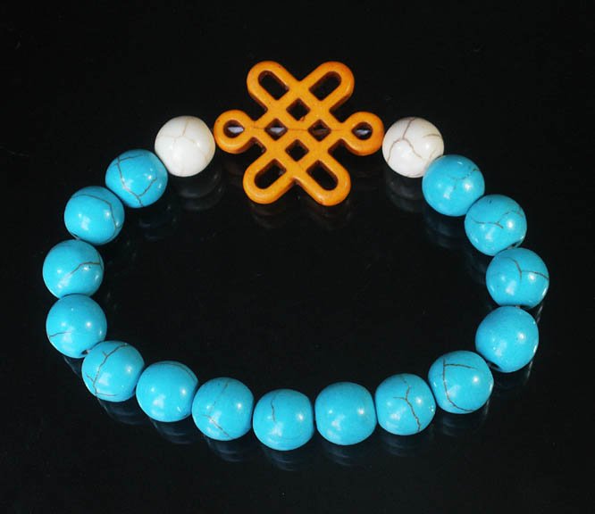 Charming Turquoise Colorful Chinese ORANGE Knot Bead WHITE BLUE Veins Beads Stretch Bracelet ZZ2788