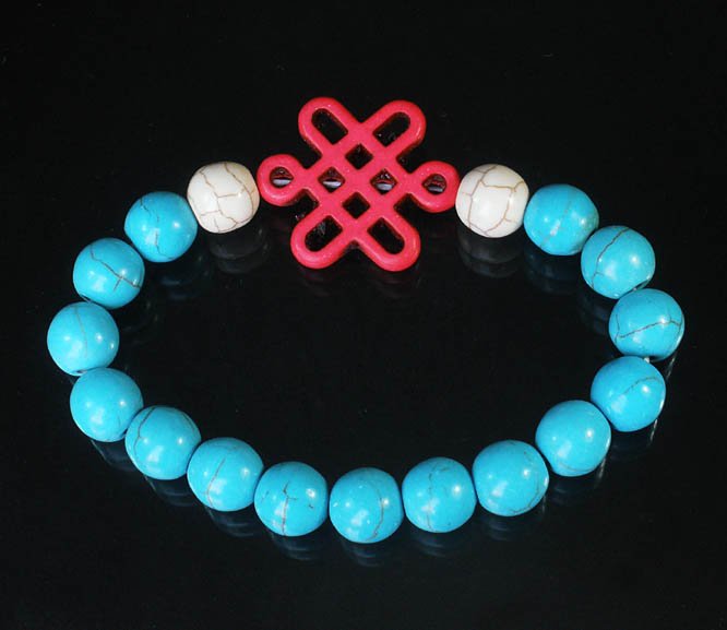Charming Turquoise Colorful Chinese PINK Knot Bead WHITE BLUE Veins Beads Stretch Bracelet ZZ2789
