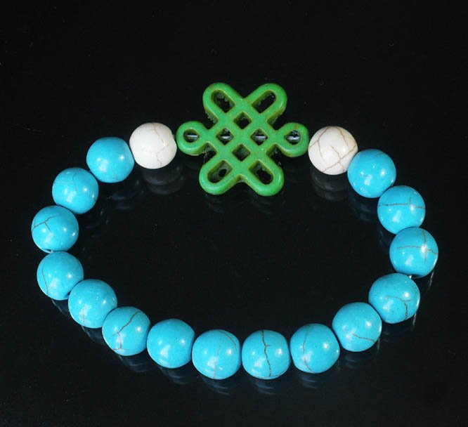 Charming Turquoise Colorful Chinese GREEN Knot Bead WHITE BLUE Veins Beads Stretch Bracelet ZZ2791