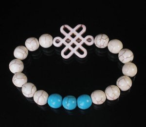 Charming Turquoise Colorful Chinese WHITE Knot Bead WHITE BLUE Veins Beads Stretch Bracelet ZZ2809