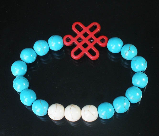 Charming Turquoise Colorful Chinese RED Knot Bead WHITE BLUE Veins Beads Stretch Bracelet ZZ2819