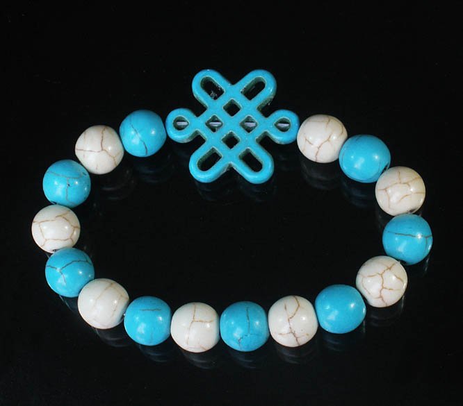 Charming Turquoise Colorful Chinese BLUE Knot Bead WHITE BLUE Veins Beads Stretch Bracelet ZZ2830