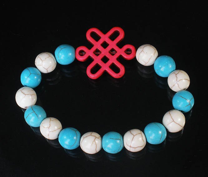 Charming Turquoise Colorful Chinese PINK Knot Bead WHITE BLUE Veins Beads Stretch Bracelet ZZ2831