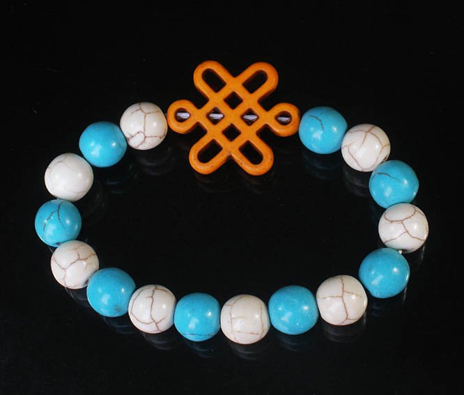 Charming Turquoise Colorful Chinese ORANGE Knot Bead WHITE BLUE Veins Beads Stretch Bracelet ZZ2832