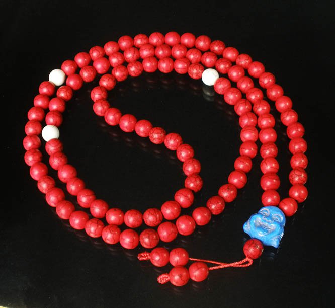 Turquoise Stone 108 0.4inch Red White Beads Baby Blue Buddhism Buddha Prayer Mala Necklace