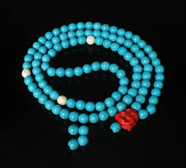 Turquoise Stone 108 0.4inch Baby Blue White Beads Red Buddhism Buddha Prayer Mala Necklace