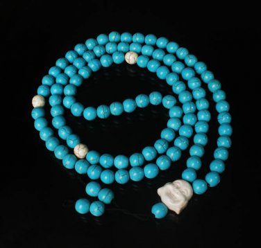 Turquoise Stone 108 0.4inch Baby Blue White Beads White Buddhism Buddha Prayer Mala Necklace