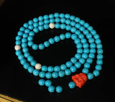 Turquoise Stone 108 0.4inch Baby Blue White Beads Orange Buddhism Buddha Prayer Mala Necklace