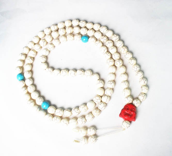 Turquoise Stone 108 0.4inch Baby Blue White Beads Red Buddhism Buddha Prayer Mala Necklace