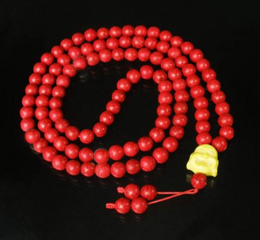 Turquoise Stone 108 0.4inch Red Beads Yellow Buddhism Buddha Prayer Mala Necklace