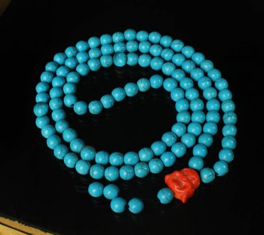Turquoise Stone 108 0.4inch Baby Blue Beads Orange Buddhism Buddha Prayer Mala Necklace