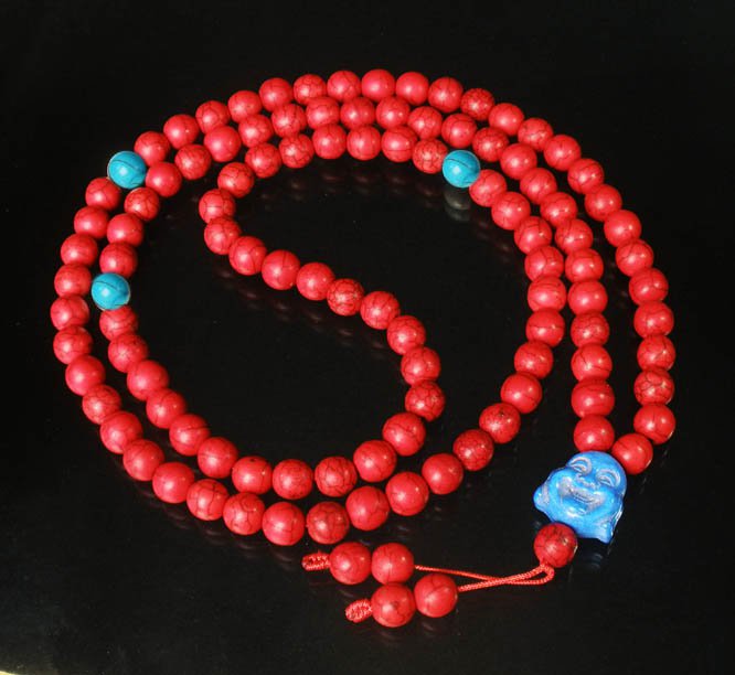 Turquoise Stone 108 0.4inch Red Blue Beads Blue Buddhism Buddha Prayer Mala Necklace