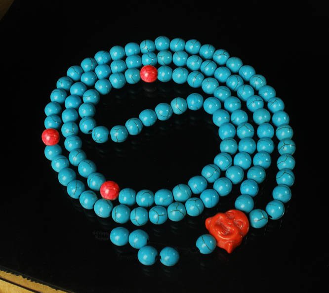 Turquoise Stone 108 0.4inch Red Blue Beads Orange Buddhism Buddha Prayer Mala Necklace