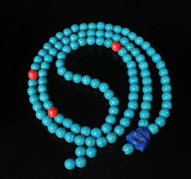 Turquoise Stone 108 0.4inch Red Blue Beads Blue Buddhism Buddha Prayer Mala Necklace