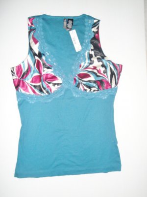 New!! Bisou Bisou Tank Top With Aqua Satin & Lace Detail size L