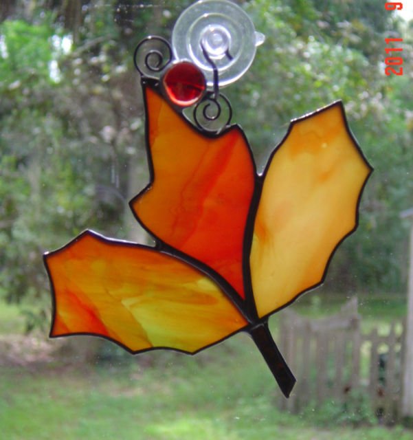 Fall Maple Leaf STAINED GLASS Suncatcher with Amber Glass nugget