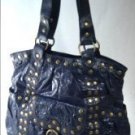 Elcante - Black Crinkle Leather Look Tote Style Handbag with Metal Button Studs