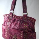 Elcante - Dark Red Crinkle Leather Look Tote Style Handbag with Metal Button Studs
