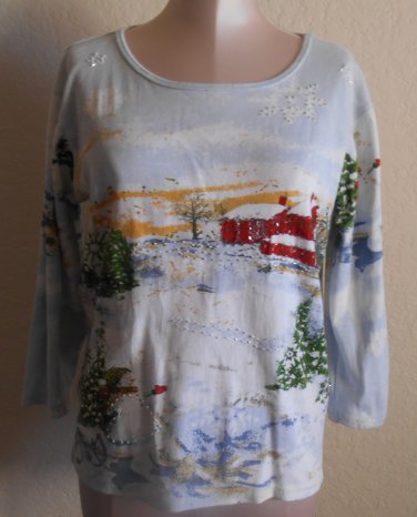 Christmas Shirt Top by Holiday Traditions Beaded Size Large