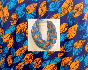 Leaves Print Cowl Scarf Blue Yellow Circle Loop Soft Lightweight Scarf- By PIYOYo