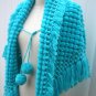 Women Shawl Wraps Pom Pom Wraps Handcrafted Shawl Cyan Blue Christmas Gift Women Scarves - by PiYOYO