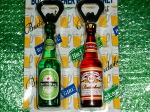 PACK OF TWO BOTTLE OPENERS (MAGNETS) HEINCKER & BUDWHEAT like WACKY PACKAGES!!