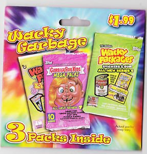 WACKY PACKAGES/GARBAGE PAIL KIDS PACKAGE OF THREE DIFFERENT SEALED PACKS. RARE!