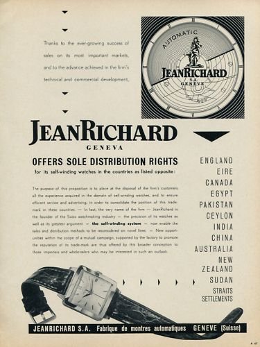1953 JeanRichard Watch Company Geneva Switzerland 1953 Swiss Ad Suisse Advert Jean Richard Watch Co