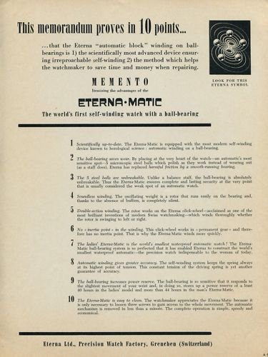 Eterna Watch Company Eterna-Matic 1953 Swiss Ad Switzerland Suisse Advert Horlogerie