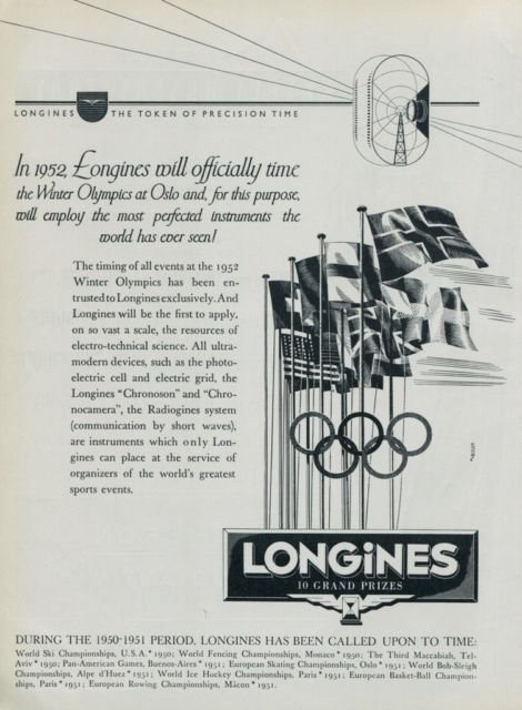 Longines Watch Company 1952 Winter Olympics at Oslo 1951 Swiss Ad Suisse Advert