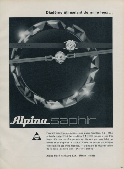 Alpina Union Horlogere SA Saphir Vintage 1962 Swiss Ad Suisse Horlogerie Advert