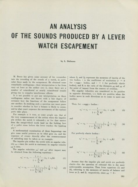 1949 Analysis of Sounds Produced Lever Watch Escapement 1949 Swiss Magazine Article by L Defossez