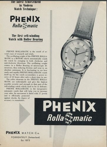 1953 Phenix Watch Company Switzerland Phenix Rollamatic 1953 Swiss Ad Suisse Advert