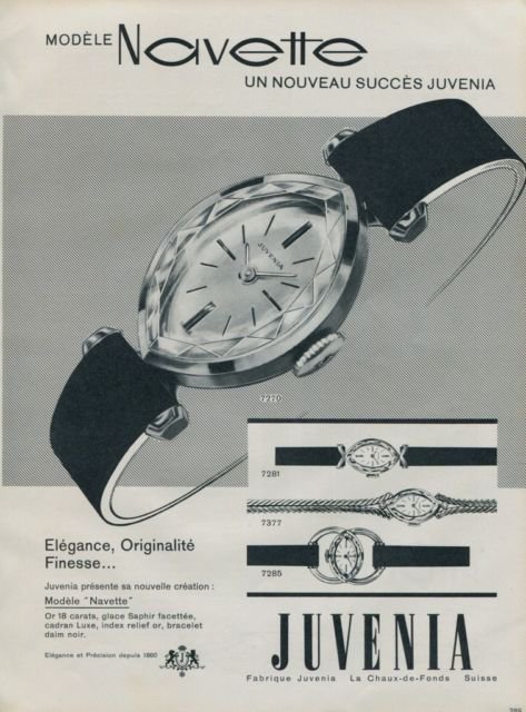 1962 Juvenia Watch Company Navette Vintage 1962 Swiss Ad Suisse